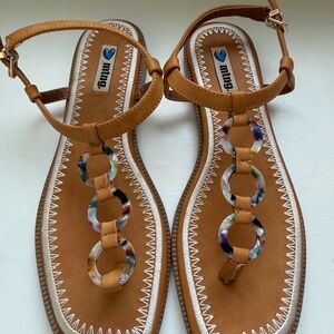 MTNG Tan T-Strap Sandals with Multicolor Resin Rings